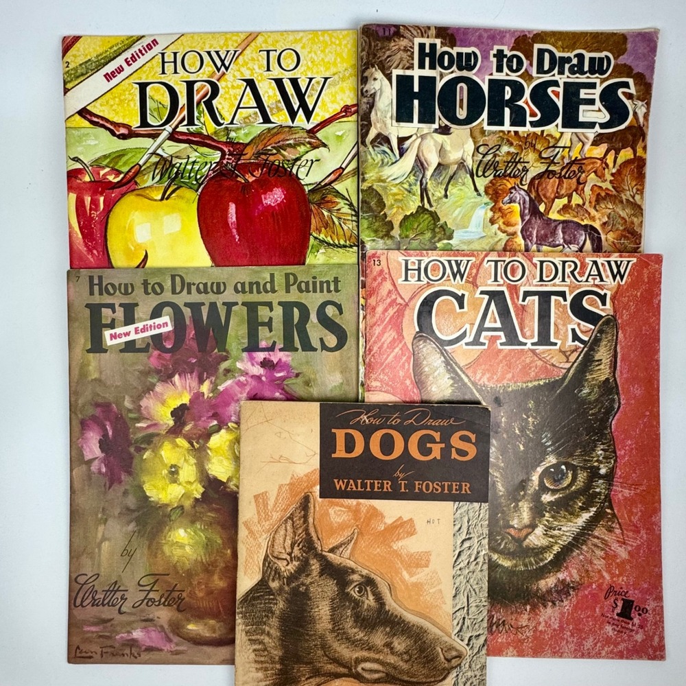 Vintage Walter Foster How to Draw Books Lot of 5 Horses Dogs Cats Flowers Art